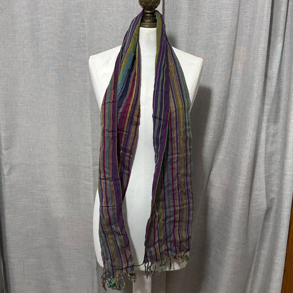 Striped Fringed Scarf-Bright Multi Color-Cotton Poly Blend-EUC - Picture 4 of 11